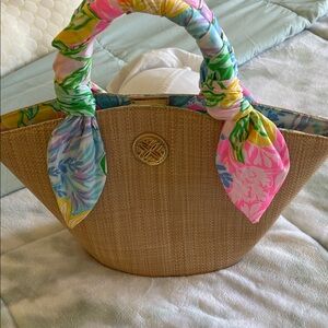 Lilly Pulitzer Natural Straw Tote with Multicolor Floral-Print Scarf Handles